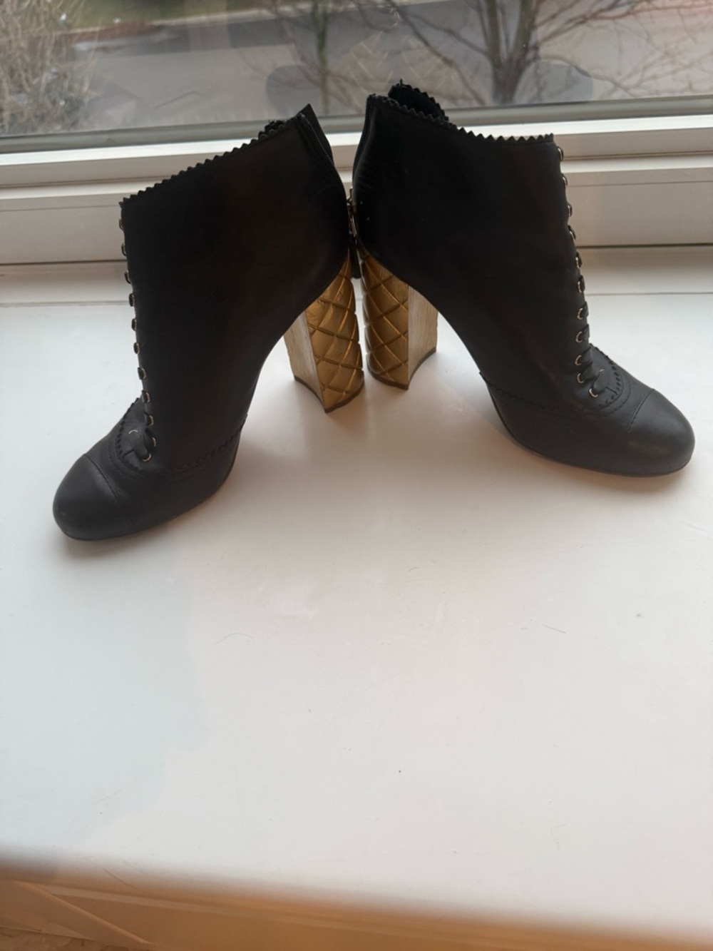 CHANEL Black Lace-Up Ankle Boots with Quilted Gold Heels- 38.5